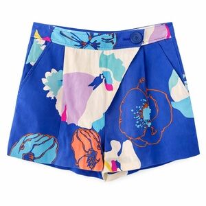 Tibi New York Floral Print Silk Crossover Shorts Blue Multi Size 2